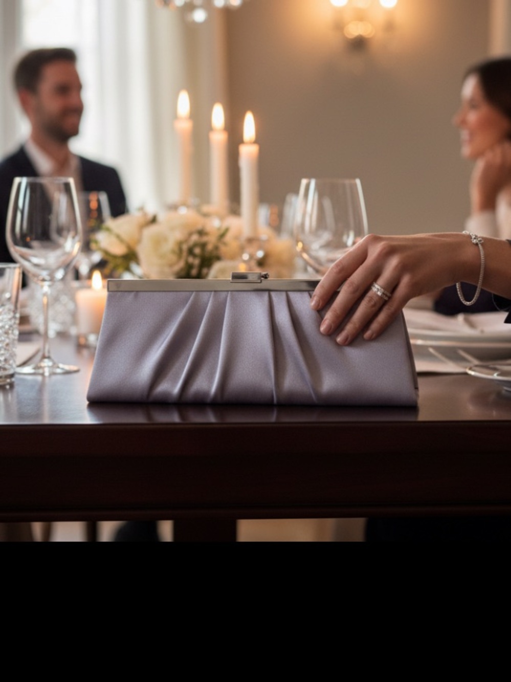 Jessica McClintock Pleated Satin Frame Clutch in Silver
